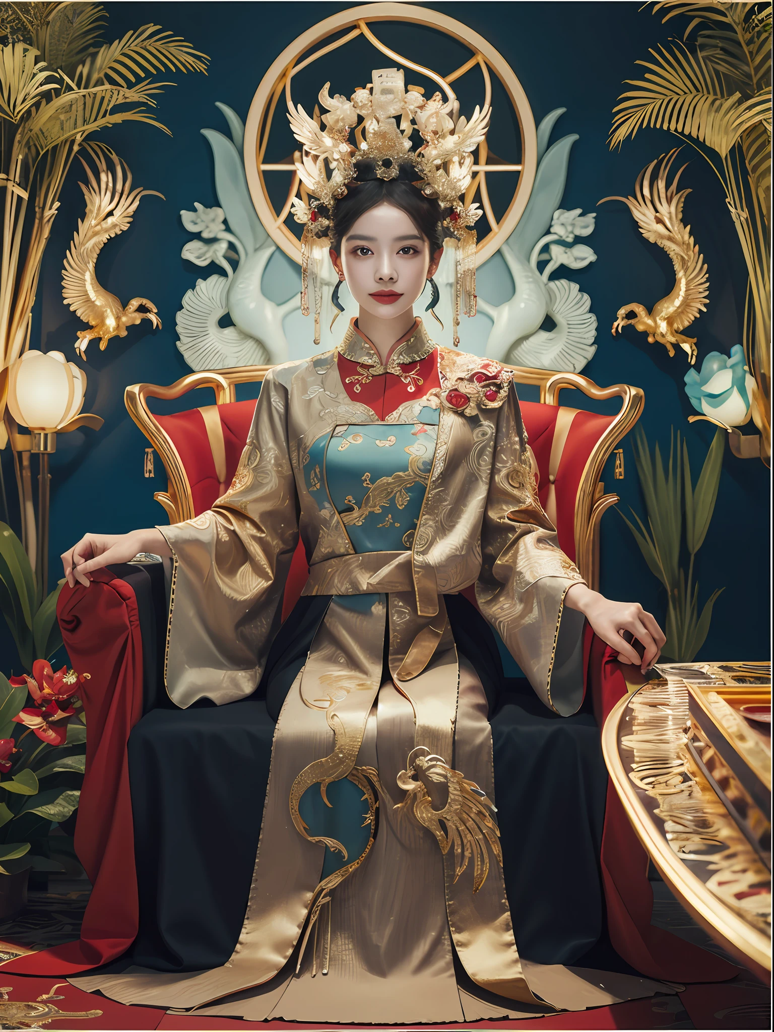 A Chinese girl sitting on a throne, a throne encrusted with precious stones, surrounded by Chinese phoenix beasts, gold and ruby color, unique monster illustration, dau al set, high resolution, A painting, dense composition, playful repetition, Pedras preciosas, crystals, gold, Detailed paintings, unique monster illustration, Super fine details, Realistic, Super high resolution, complex, Super detail, cinmatic lighting，(Red and gold dress:1.3)