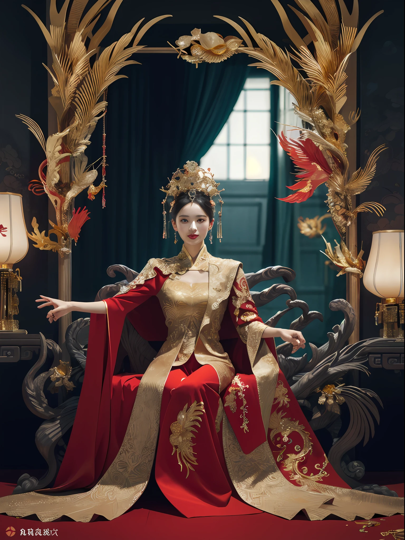 Ein chinesisches Mädchen sitzt auf einem Thron, ein mit Edelsteinen besetzter Thron, umgeben von chinesischen Phönixbestien, Gold and ruby color, einzigartige Monsterillustration, dau al set, hohe Auflösung, ein Gemälde, dichte Zusammensetzung, spielerische Wiederholung, Edelsteine, Kristalle, Gold, Detaillierte Gemälde, einzigartige Monsterillustration, super feine Details, Realistisch, Super hohe Auflösung, Komplex, super detail, Kinobeleuchtung，(Red and Gold dress:1.3)