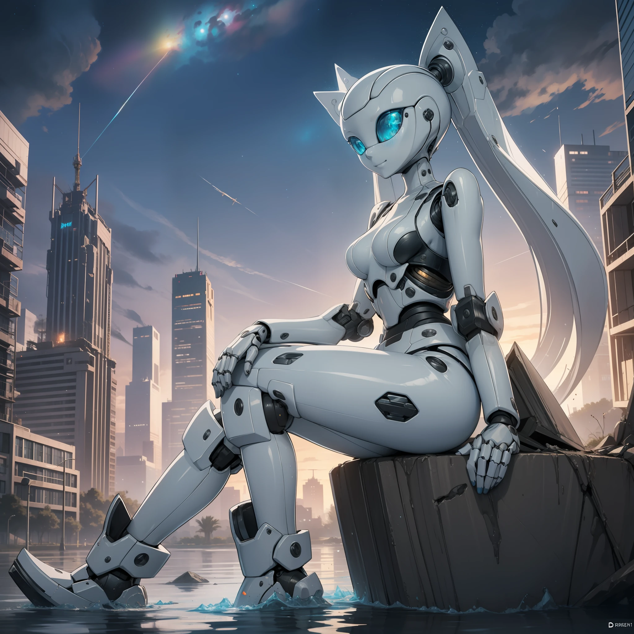 Beautiful and detailed image, drossel, twintail, boots, woman, robot, smile, blue eyes, looking at the viewer, small breasts, 4k, masterpiece, best quality, solo, single character, high detail, (no mouth), big eyes, full-length, future, science fiction, legs, metal hair, huge dump, excavator, gloomy, tower, mountains of garbage, wrecked cars, fire, smoke, ruined city, sunset, evening, ruins of the city,  anime character, android, robot, sfw, cruiser that fell on the city, starry sky, human height, flooded city, sitting on the ground, construction crane