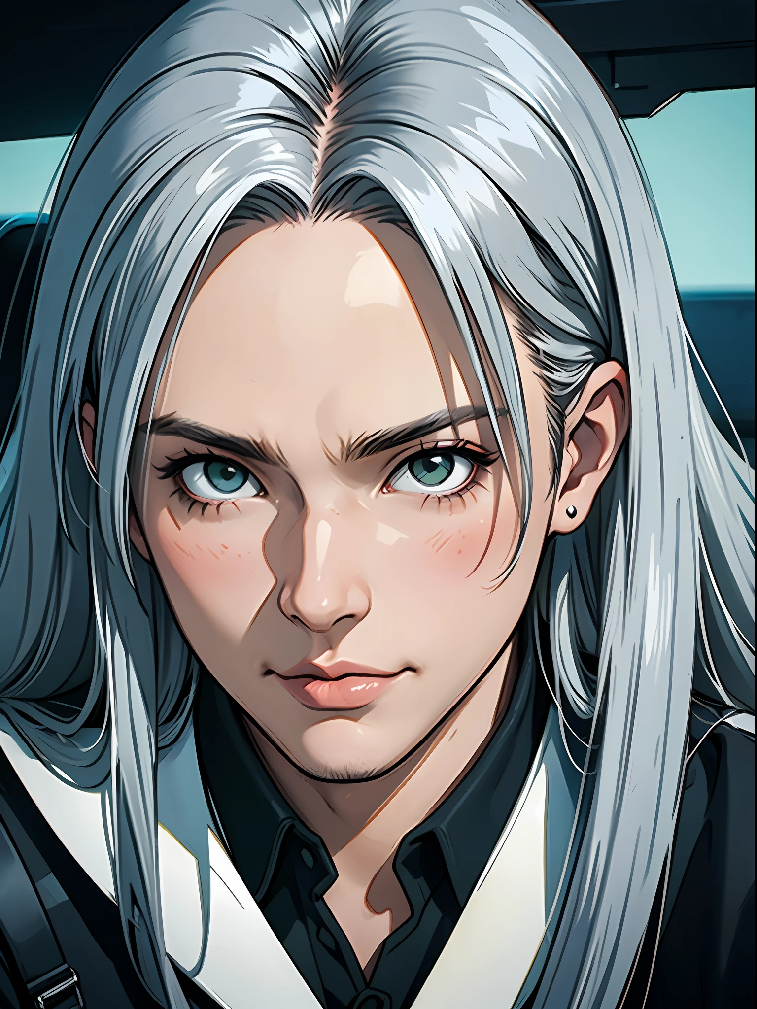 (masterpiece), best quality, sephiroth, masculine detailed hair detailed face, 1 man, man only, solo, close-up portrait, narrow perspective, perfect masculine face, toned abs, very charming man, black suits, silver white hair, very long hair, green eyes