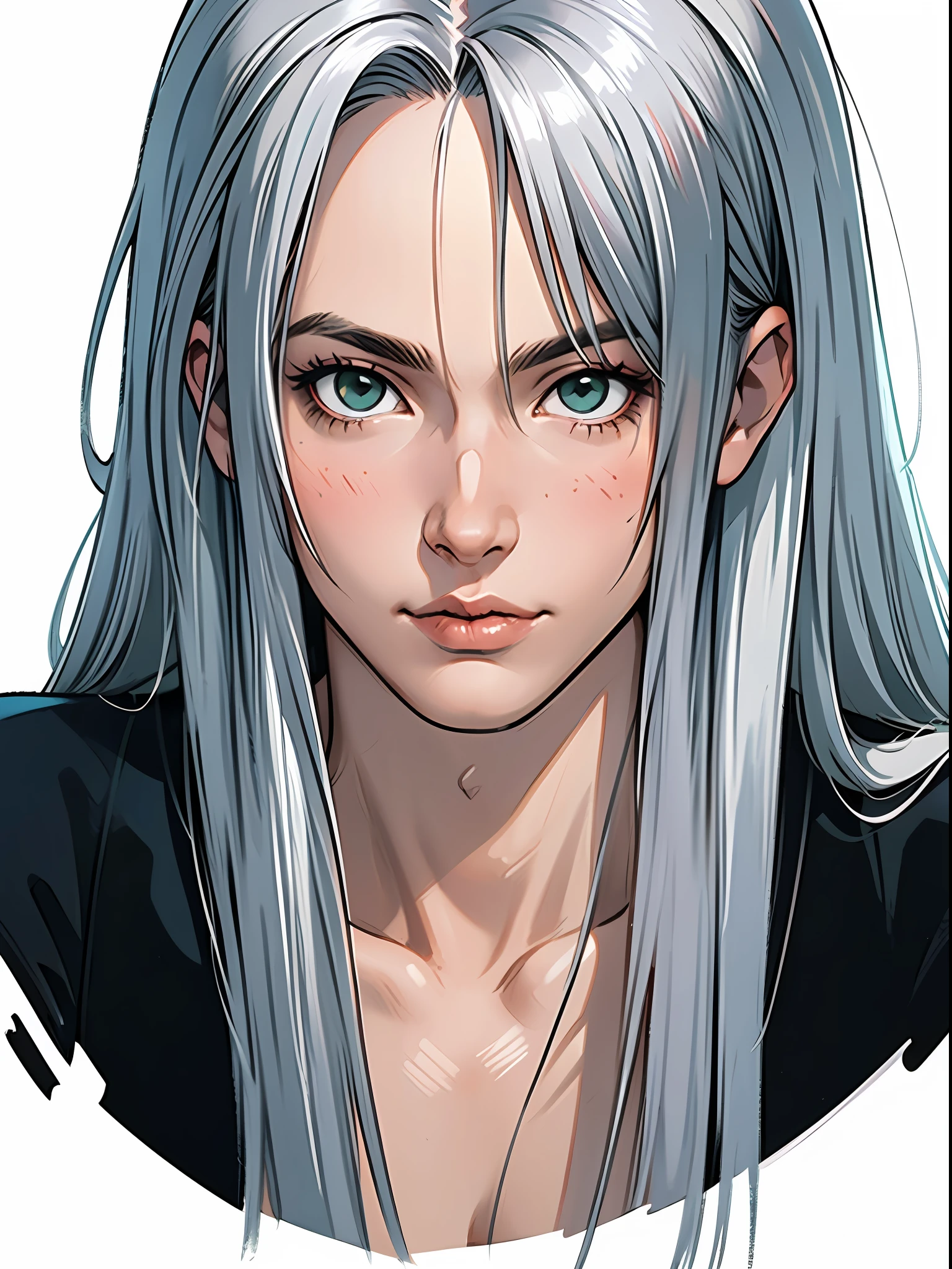 (masterpiece), best quality, sephiroth, masculine detailed hair detailed face, 1 man, man only, solo, close-up portrait, narrow perspective, perfect masculine face, toned abs, very charming man, black suits, silver white hair, very long hair, green eyes