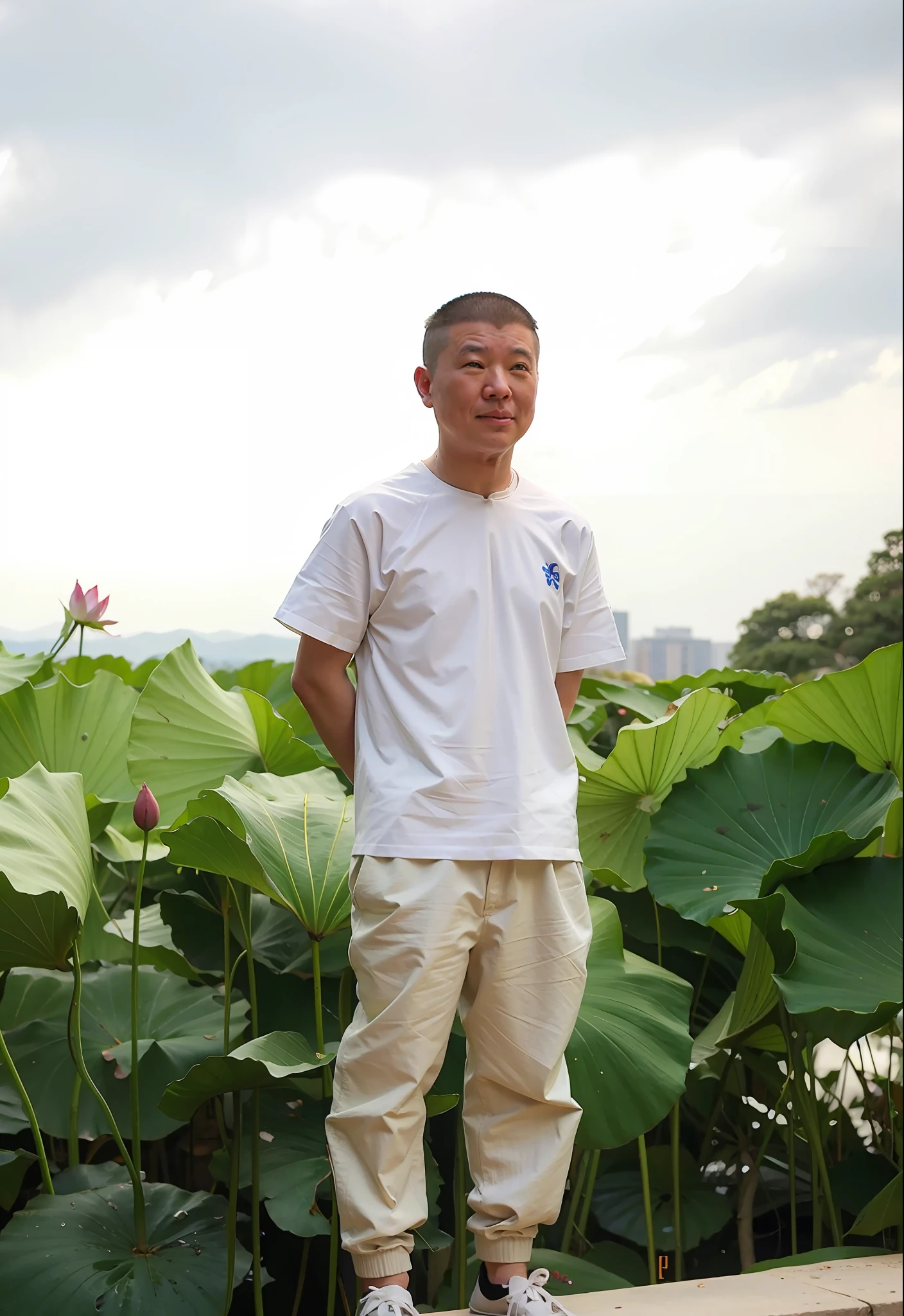 The Arafed stand on the windowsill in front of the lotus pond, qi sheng luo, xiaoguang sun, standing gracefully upon a lotus, Wu Liu, standing on a lotus, huifeng huang, guangjian huang, xintong chen, wei wang, xiaofan zhang, mingchen shen, xiang duan