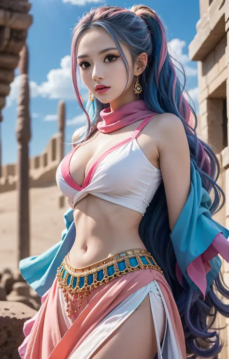 masutepiece, Best Quality,8K,highest grade, absurderes, Extremely detailed, nefertari vivi, 1 girl, Solo, Looking at Viewer, long wavy light blue hair, with two locks hanging down, one on either side of her head, which started out at about chin-length, She...