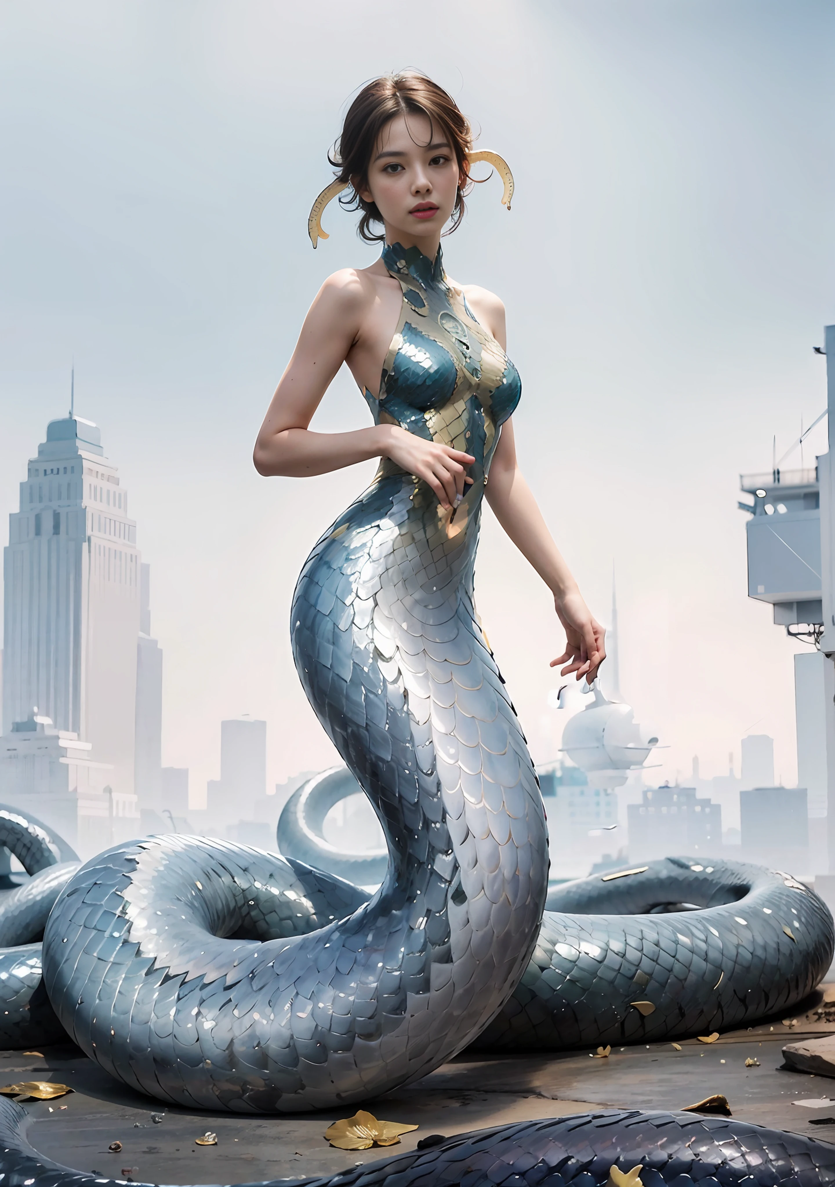 (mermaid:1.2), (snake tail:1.3)，8K  UHD，RAW photo，A snake woman，（Python pattern），（snake man），(Real Human:1.3)，(highres:1.4)，(A detailed:1.5)，(photorealestic:1.7)，RAW photo，Portrait Photogram，Realistic scales，cabellos largos dorados，RAW photo，Ultra-high resolution，Photo realism，best qualtiy，(highdetailskin，skin detailed)，Visible Pore，Shiny skin，tmasterpiece，finedetail，Colorization，Extremely Delicately Beautiful，extremely detailed 8k wallpaper，8K high quality，dslr，Snake man maiden with beautiful details，(looking at viewert)，professional photograph lighting，Faraway view，full bodyesbian，in a panoramic view