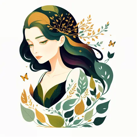 (Illustration:1.3) singular dryad, isolated on empty pure white background(3)(by Artist Anna Dittman:1), (((masterpiece))), (((b...