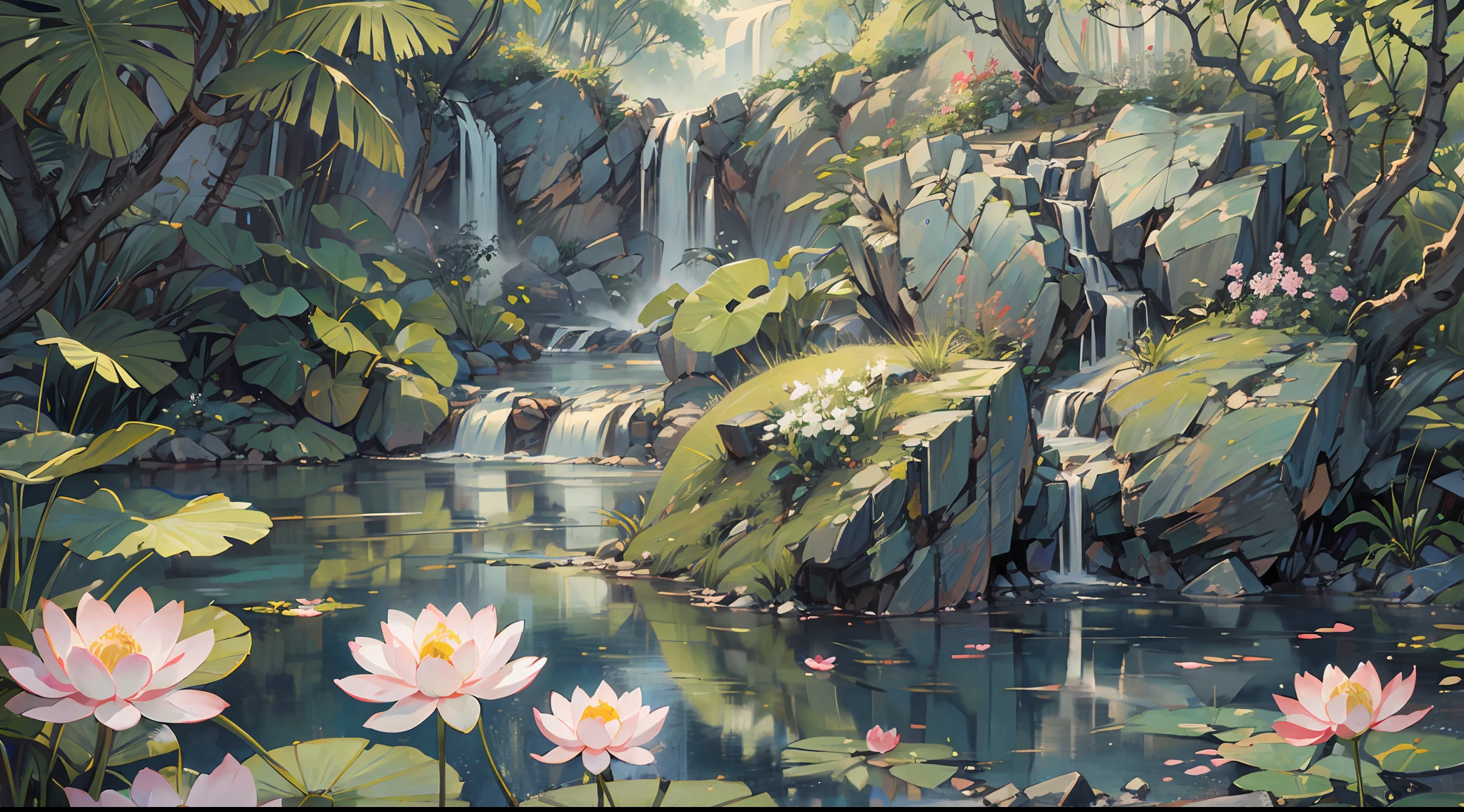 ((Best quality, masterpiece: 1.2)), CG, 8K, intricate details, cinematic perspective, (no one around), (Ancient Chinese garden), pond filled with lotus flowers, rocks, flowers, bamboo forests, waterfalls, wooded areas, small bridges spanning babbling streams, detailed foliage and flowers, (sunlight shining, sparkling waves), peaceful and serene atmosphere, ((soft and elegant colors)), ((exquisitely crafted composition))