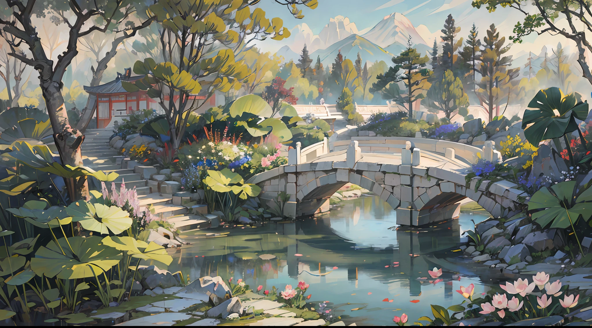 ((最高品質, 傑作: 1.2)), CG, 8K, 複雑な詳細, 映画の視点, (誰もいない), (古代中国の庭園), pond filled with lotus フラワーズ, 岩, フラワーズ, 竹林, 滝, 森林地帯, せせらぎに架かる小さな橋, detailed foliage and フラワーズ, (日光が輝く, きらめく波), 平和で穏やかな雰囲気, ((柔らかく上品な色彩)), ((精巧に作られた構成))