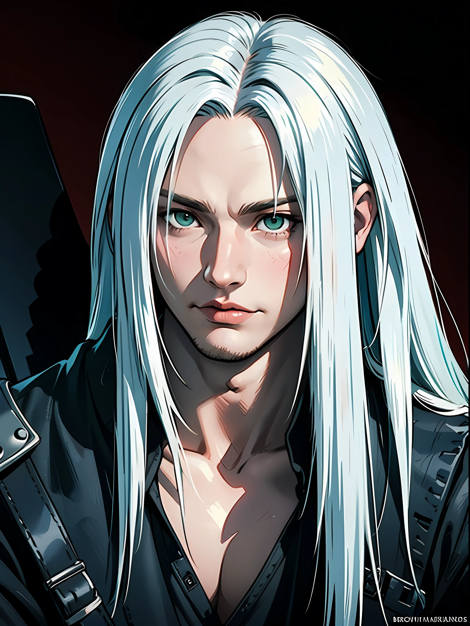 (masterpiece), best quality, Sephiroth, Sephiroth (Final Fantasy), green eyes, masculine detailed hair detailed face, 1 man, man only, solo, full-body portrait, narrow perspective, perfect masculine face, toned abs, very charming man, attractive, muscular, mysterious