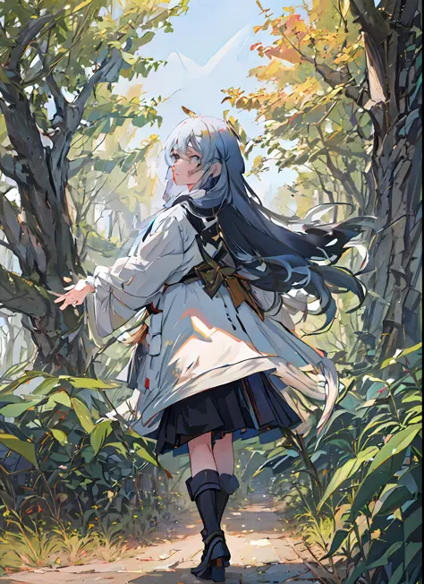 Anime girl with long hair walking in woods, Guviz-style artwork, Guweiz in Pixiv ArtStation, Guweiz on ArtStation Pixiv, Guviz, ...
