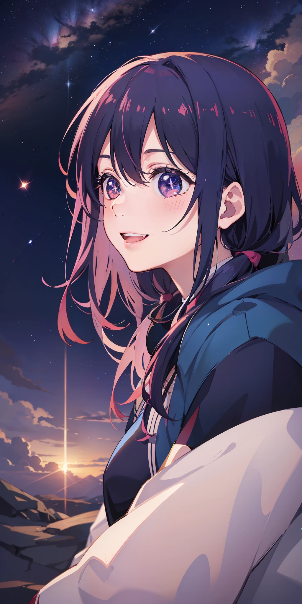 Ai Hoshino，In the starry sky，outside，watching the stars，grin face，Absolutely beautiful，tmasterpiece，4K