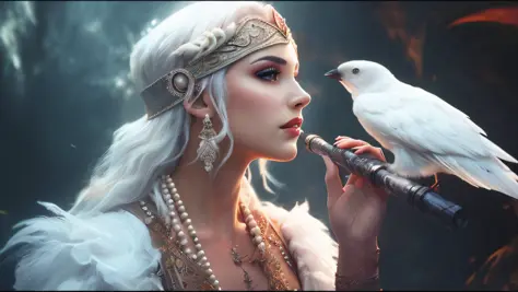 araffe woman with white hair and white bird on her shoulder, elegant cinematic fantasy art, mulher da fantasia, muito bonito elv...
