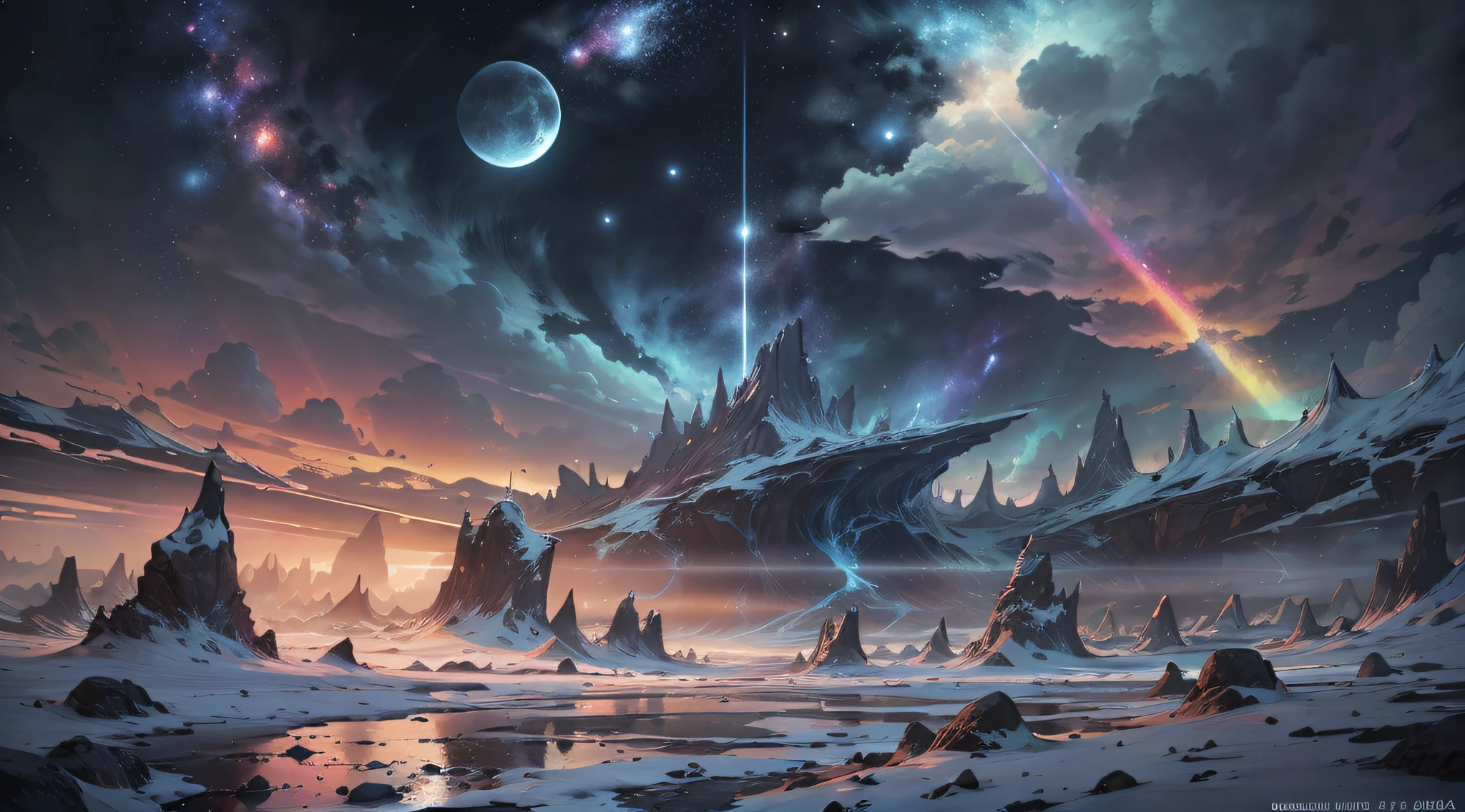 ((Masterpiece artwork, best qualityer, ultra detali, high resolution)) expansive landscape photograph, (See Below.), Above is the sky, Below is an open field), (fullmoon: 1.2), (Meteor: 0.9), (nebula: 1.3), distant mountain, tree BREAK making art, (Warm Light Source: 1.2), (Firefly: 1.2), lights, lot of purple and orange, Complicated Detail, Volume Lighting, realism BREAK (Masterpiece artwork: 1.2),  (best qualityer), ultra detali, RAWExtremely detailed, colorful details, (rainbow colors: 1.2), (bright illumination, Atmospheric Illumination), Dreamlike, Magical, 4K