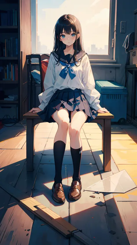 hi-school girl、a miniskirt、校服、1girl in、Triangular sitting、Black socks、top-quality、Hi-Res、