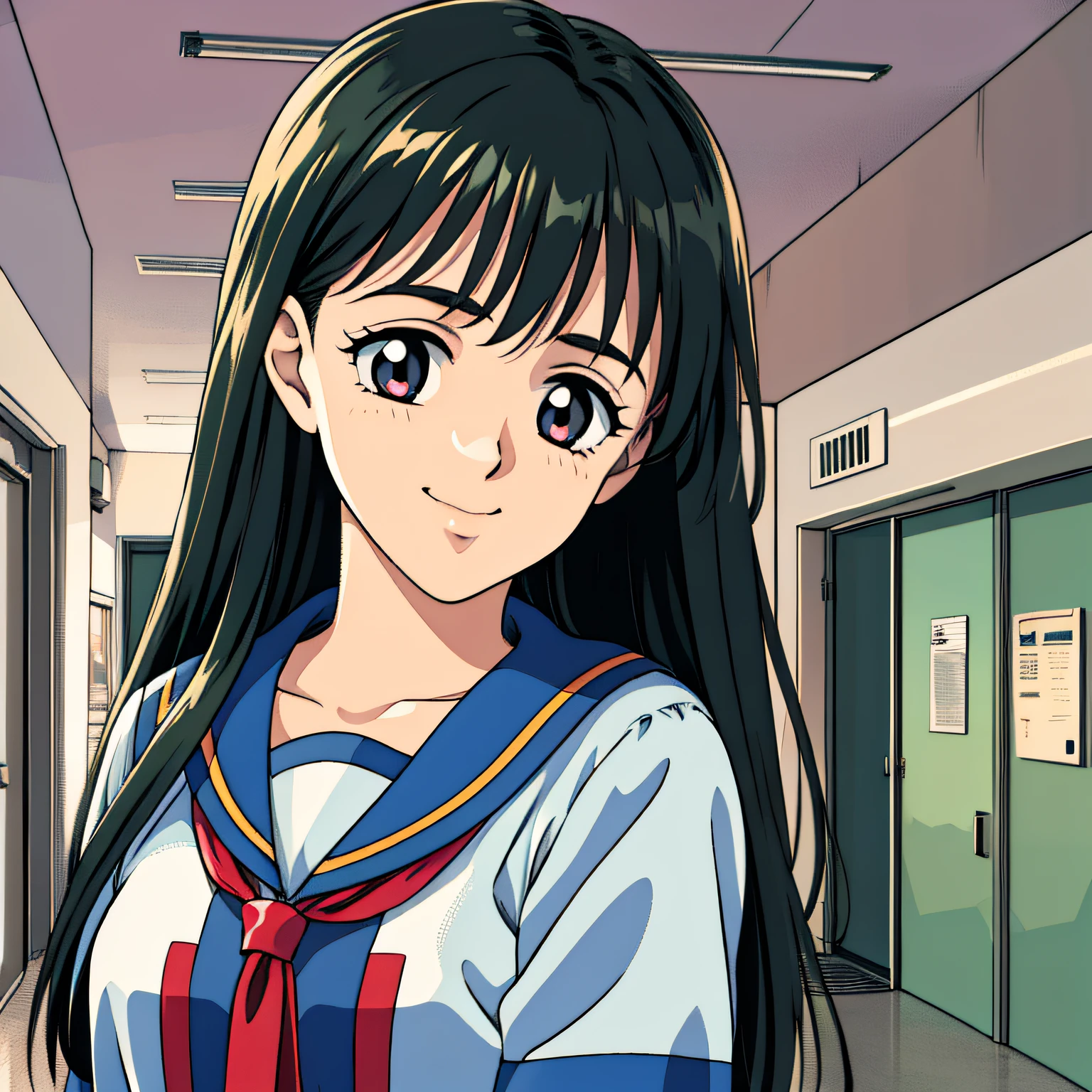 retro artstyle、dark-haired、school uniformss、Schools、school hallway、Slouched、looking at the viewers、A smile、school uniformss、One girl、Ecchi anime style
