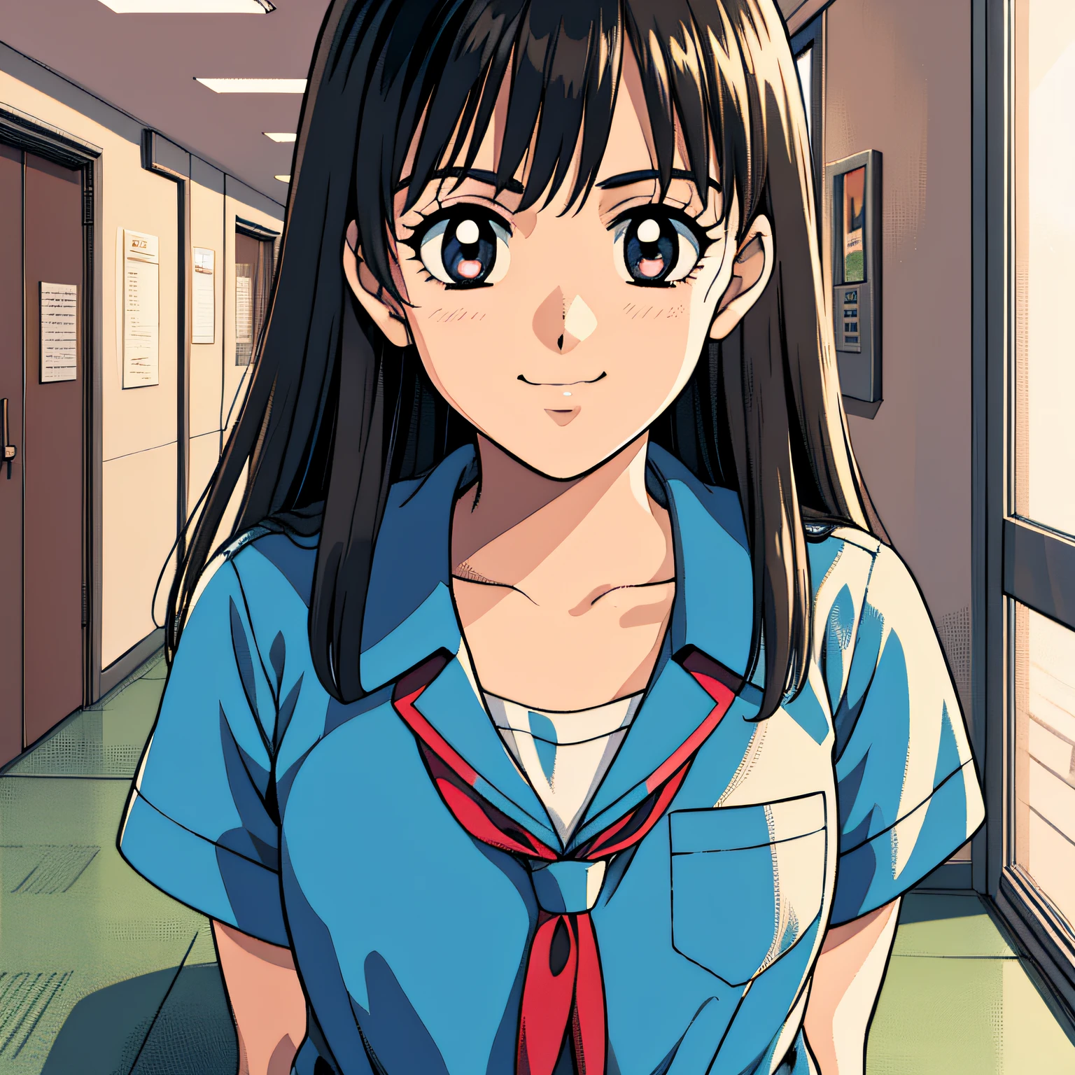 retro artstyle、dark-haired、school uniformss、Schools、school hallway、Slouched、looking at the viewers、A smile、school uniformss、One girl、Ecchi anime style