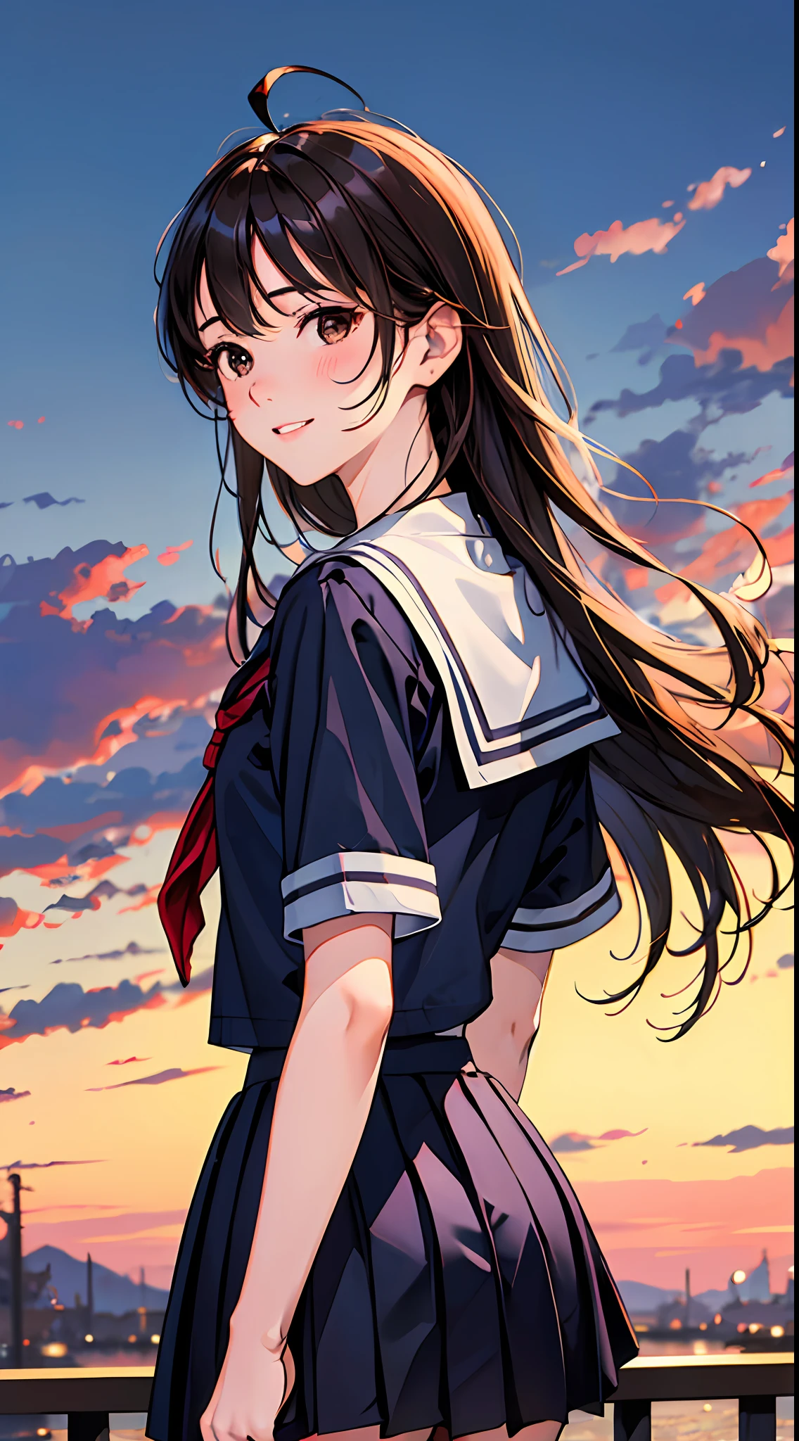 (masterpiece, best quality, extremely detailed, absurdres, absolutely resolution, 4K, 8K, realistic:1.2) 1girl, solo, ushio, black hair, long hair, ahoge, brown eyes, school uniform, serafuku, short sleeves, pleated skirt,  smile, parted lips, from behind, looking back, blush, standing, cinematic lighting,