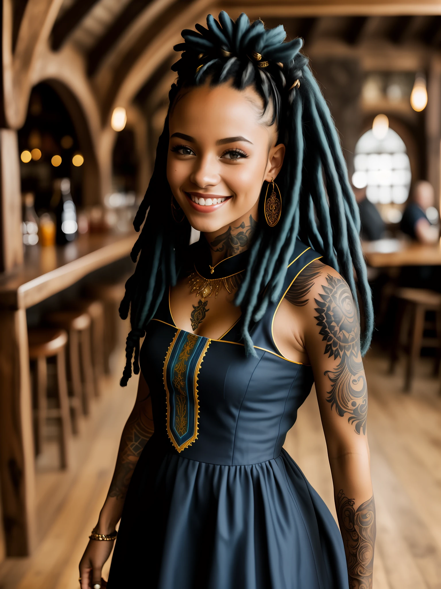 a portrait photo of a black girl, smiling, tattoo, blue dreads, (folk dress)++++, Ukrainian dress, pronounced feminine feature, insane details, intricate details, hyperdetailed, complex background, medieval tavern, indoor