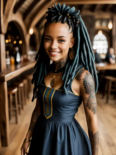 a portrait photo of a black girl, smiling, tattoo, blue dreads, (folk dress)++++, ukrainian dress, pronounced feminine feature, ...