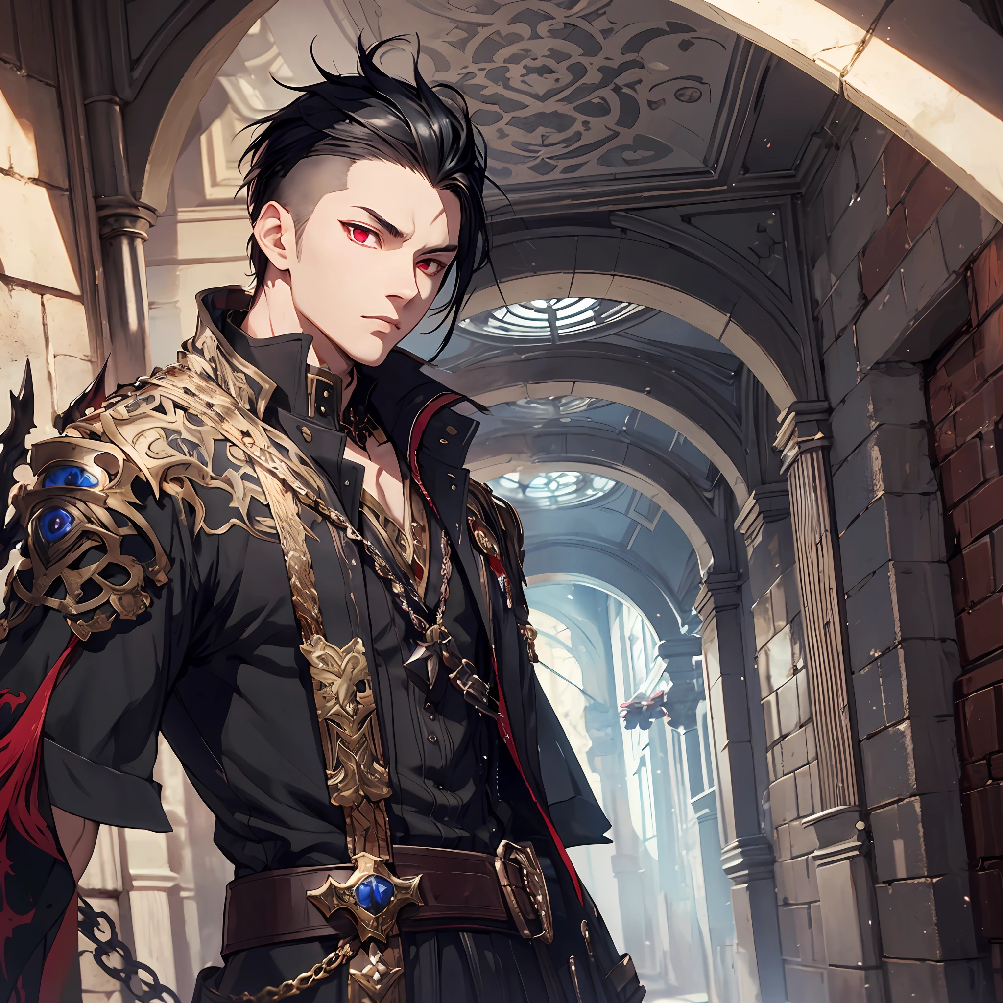 masterpiece, best quality, 1man, adult, male focus, solo, black hair, side shaved hair, vibrant red eyes, looking at viewer, closed mouth, Fantasy aesthetics, Highly detailed, shadowverse style, black attire, assassin attire, full body