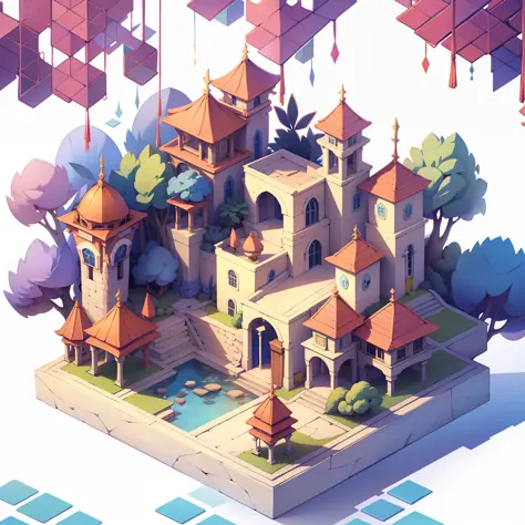 isometric architecture，white background，the theme of the forest，cartoonish style，angle of depression，white background，isometry，g...