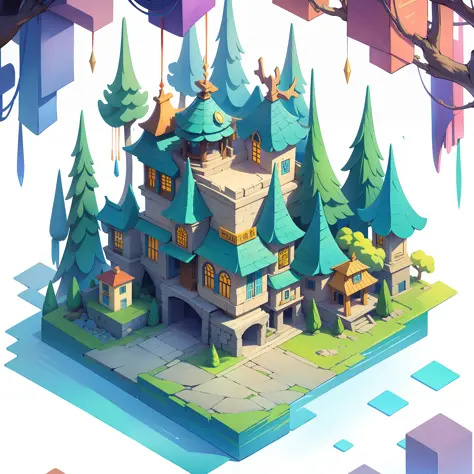 isometric architecture，white background，the theme of the forest，cartoonish style，angle of depression，white background，isometry，g...