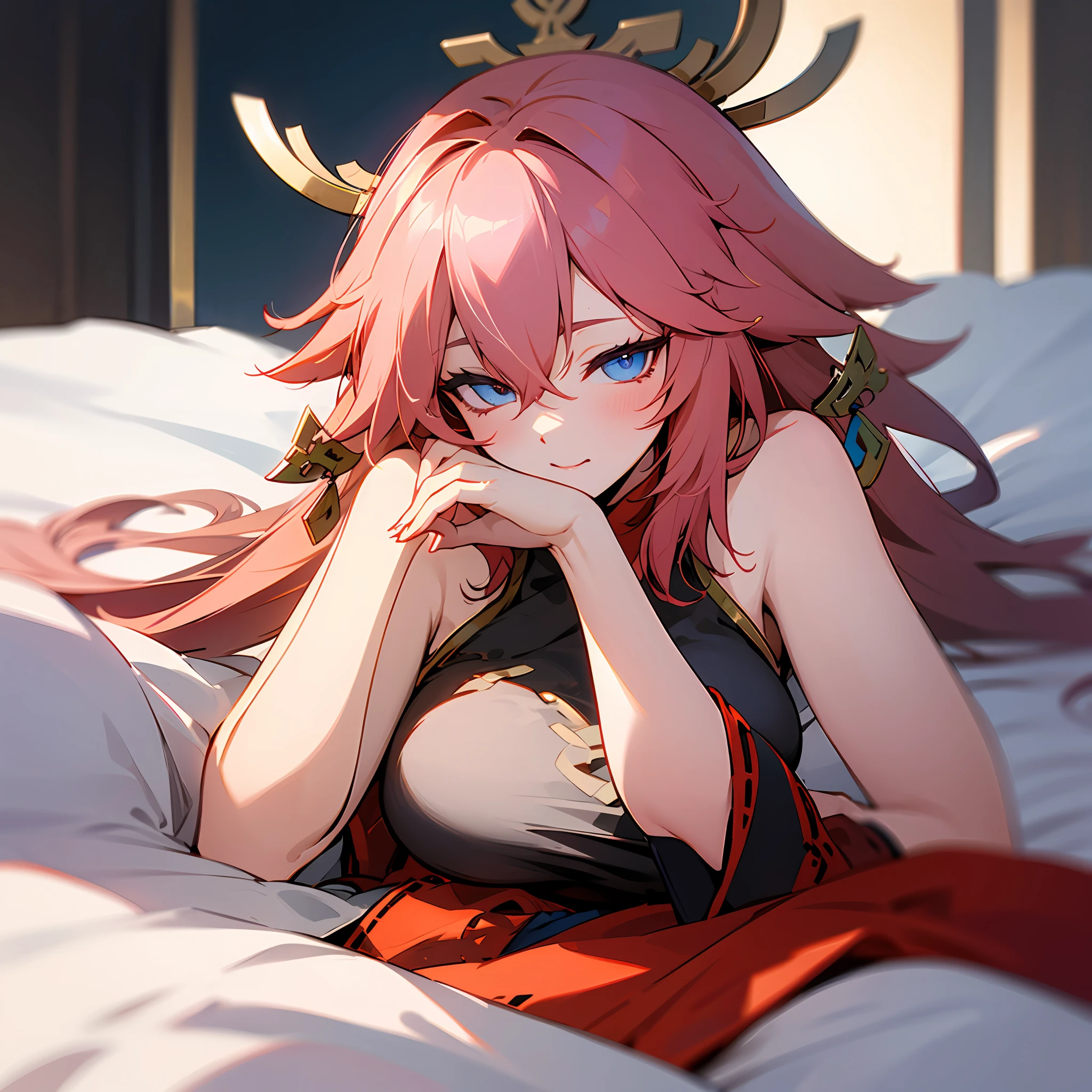 Anime girl laying on a bed with her head on her hand - SeaArt AI