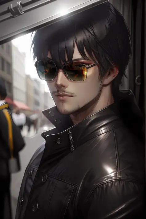(cabelo preto:1.2), camera in face, contra a luz, personagem masculino de anime, wearing sunglass.