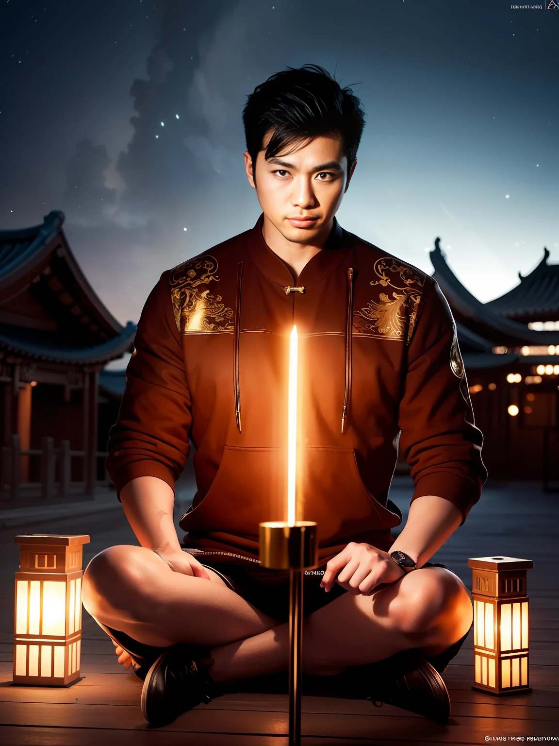 （best qualtiy，tmasterpiece），（Ultra-detailed colors），A handsome 35-year-old Chinese astrologer meditates around the first house of the zodiac totem，Constellation Temple，ultra-realistic realism，observatory，Futuristic Asian Star Wars city background，Men's bright gold translucent pliers，large bulge，stubbles，Hairy Thighs，Very attractive，hdr，Dramatic lighting，Art Station trend，CGSociety trends，Professional photography and painting art