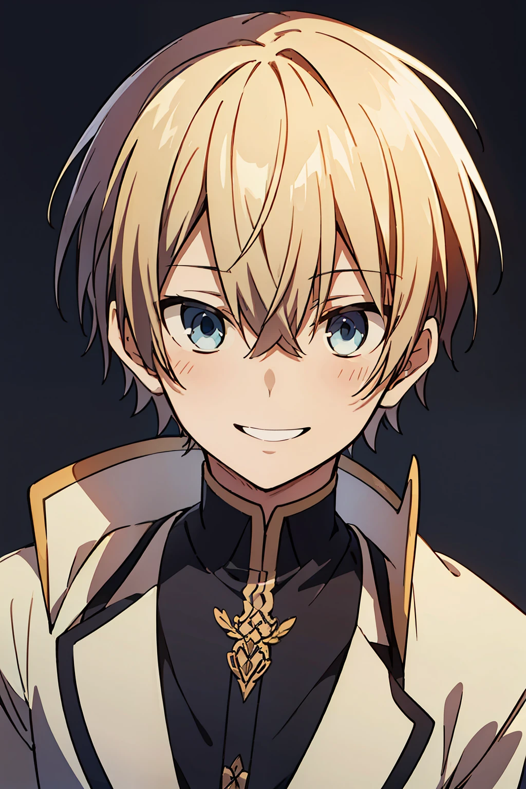 (high-quality, breathtaking),(expressive eyes, perfect face), 1boy, male, solo, short, young boy, blonde hair, black eyes, smile, prince outfit, bright background, soft