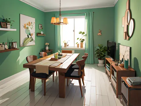 sala de jantar  simples e bonita, estilo simples: 1.2, parede branca, quadros e plantas  ,