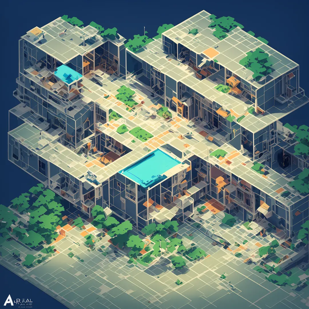 isometricfuture, anime style school, isometric cutaway, night sky,  city view, depth of field,  full-hd, rim lighting, vibrant s...