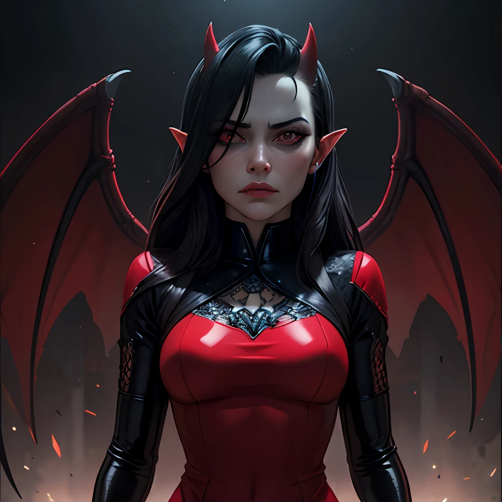 DEVILGIRL, red dress, latex dress, (dark theme:0.9), grim, cold stare, dark colors, volumetric lighting, dynamic lighting hyperdetailed intricately detailed, (hdr:1.22), muted colors, complex background, hyperrealism, hyperdetailed, amandine van ray