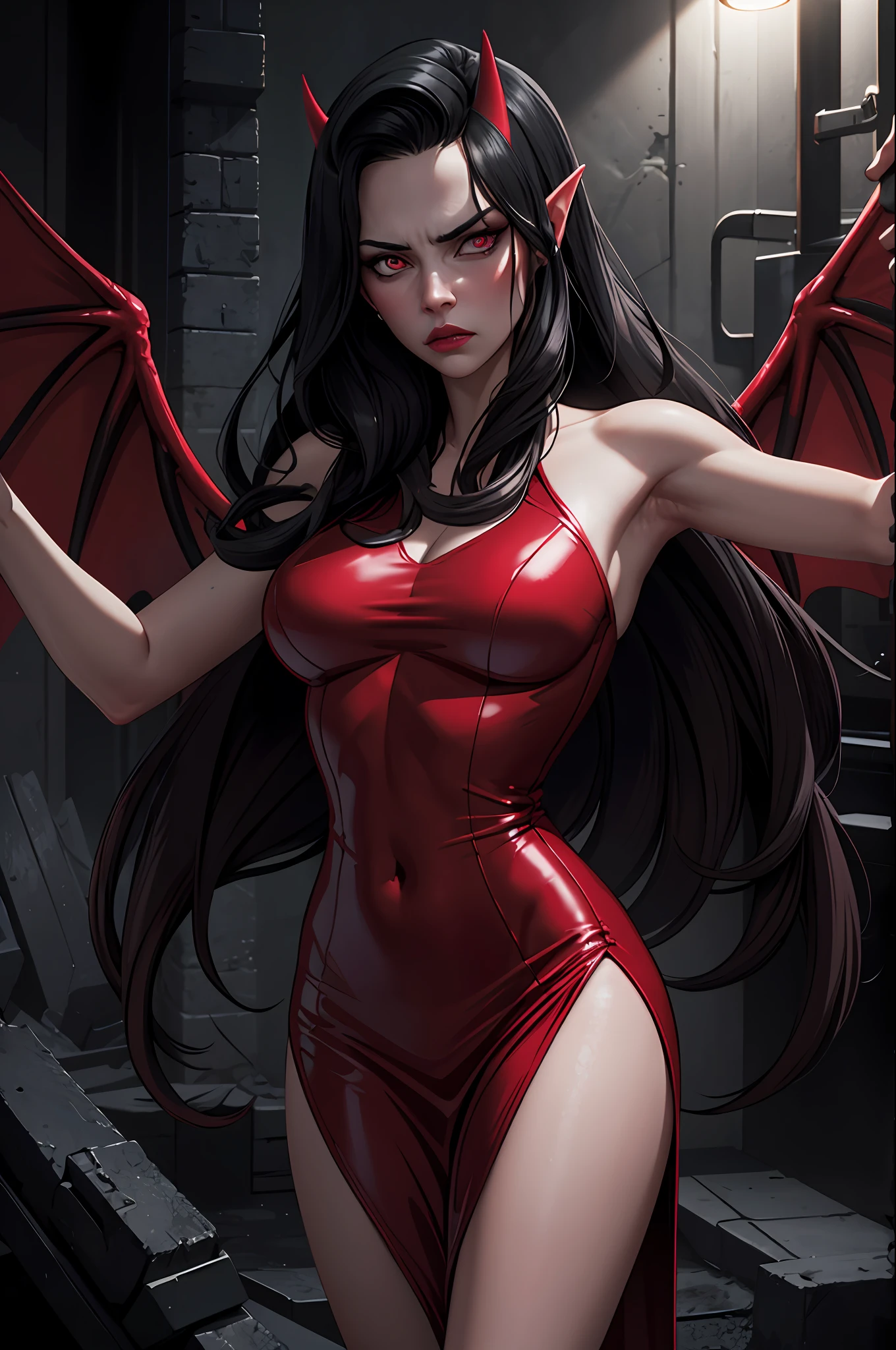 DEVILGIRL, red dress, latex dress, (dark theme:0.9), grim, cold stare, dark colors, volumetric lighting, dynamic lighting hyperdetailed intricately detailed, (hdr:1.22), muted colors, complex background, hyperrealism, hyperdetailed, amandine van ray