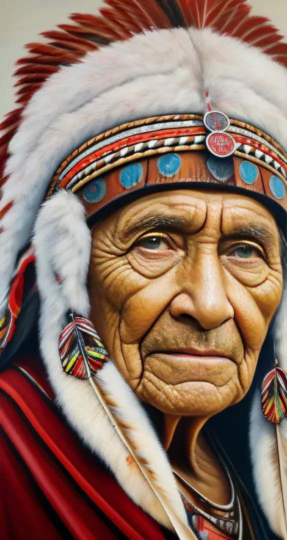 an ultra-detailed portrait of a wise old american indian chief with a wrinkled face, olhos castanhos brilhantes e pele profundam...