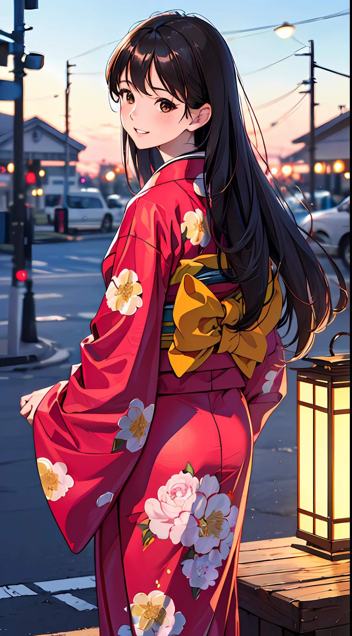 (masterpiece, best quality, extremely detailed, absurdres, absolutely resolution, 4K, 8K, realistic:1.2) 1girl, solo, ushio, black hair, long hair, brown eyes, kimono, pink theme kimono, smile, parted lips, from behind, looking back, blush, standing, cinematic lighting, pink patels