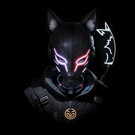 Character for PFP logo of a boy wearing a cybernetic LED mask, The LED on the mask forms a fox、