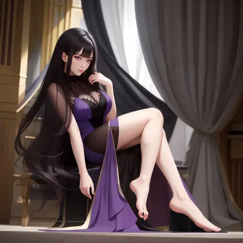 Full body photo，illustratio，cinematric light，fanciful，HighestQuali，ultra - detailed，best qualtiy，tmasterpiece，（详细的脸），Tall sexy mature woman，Purple dress，blacksilk，slender leg，Jade foot，exquisite facial features，Femme and moving，Expose thighs and feet，witho...