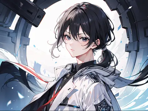 "Epic morning atmosphere, stunning 4k artwork featuring a confident one boy with long ponytail black hair on shoulder. Very sharp black eyes. He was wearing white school Coat."