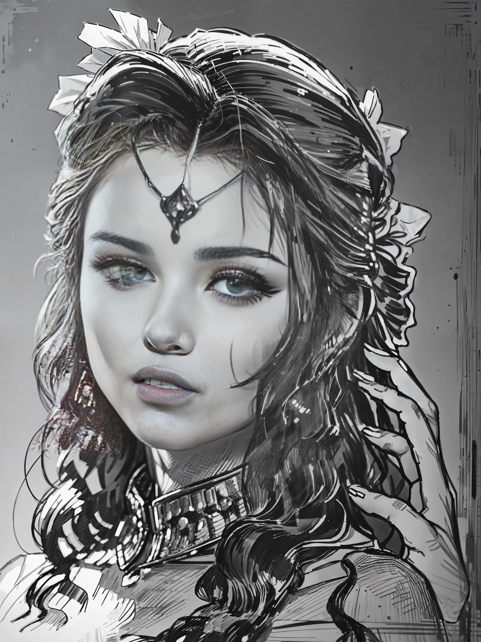 ((1 Norse warrior woman in realistic style)):1.5), Touch in pencil,intrigued eyes,Grayscale, intrigued details,super verbose,((graffiti drawing)):1.1), delicately painted by an experienced artist,White Balance,100mm lens,Grayscale