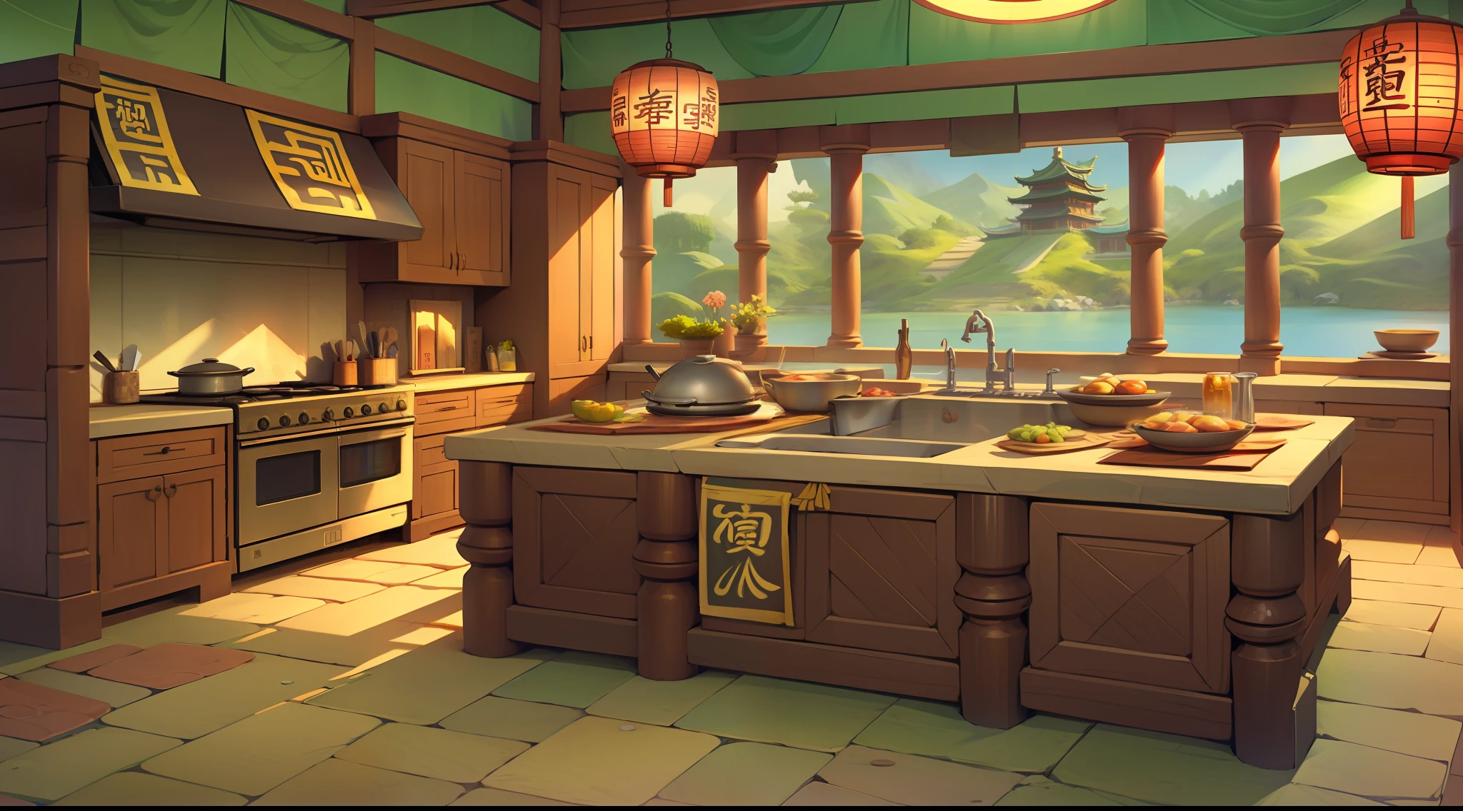 inside in room、Ancient Chinese kitchen，cartoonish style，in a panoramic view，gameicon，tmasterpiece，best qualtiy，超高分辨率，3Drenderingof，8K，