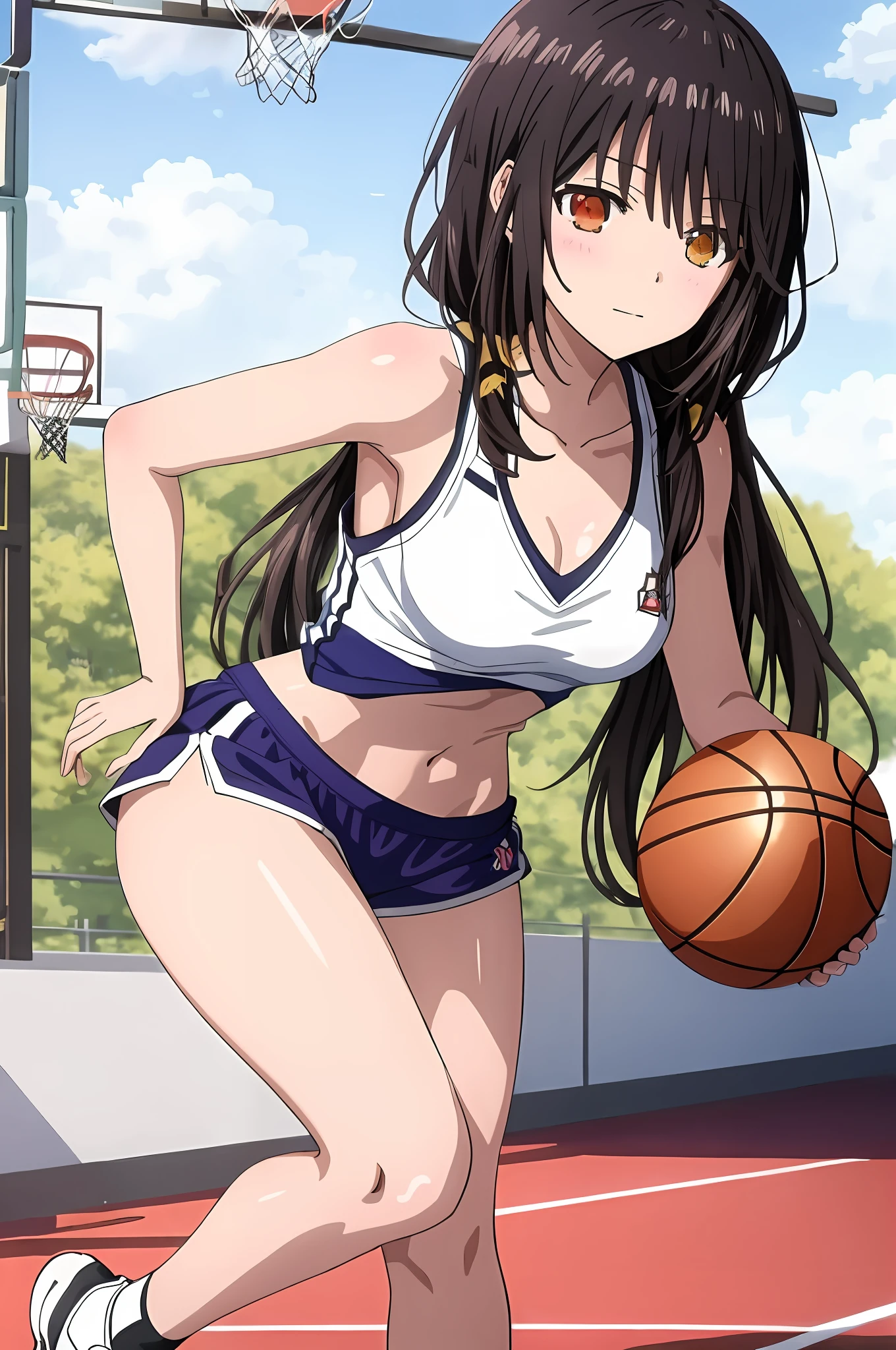 Anime girl with long black hair holding a basketball ball on a court -  SeaArt AI