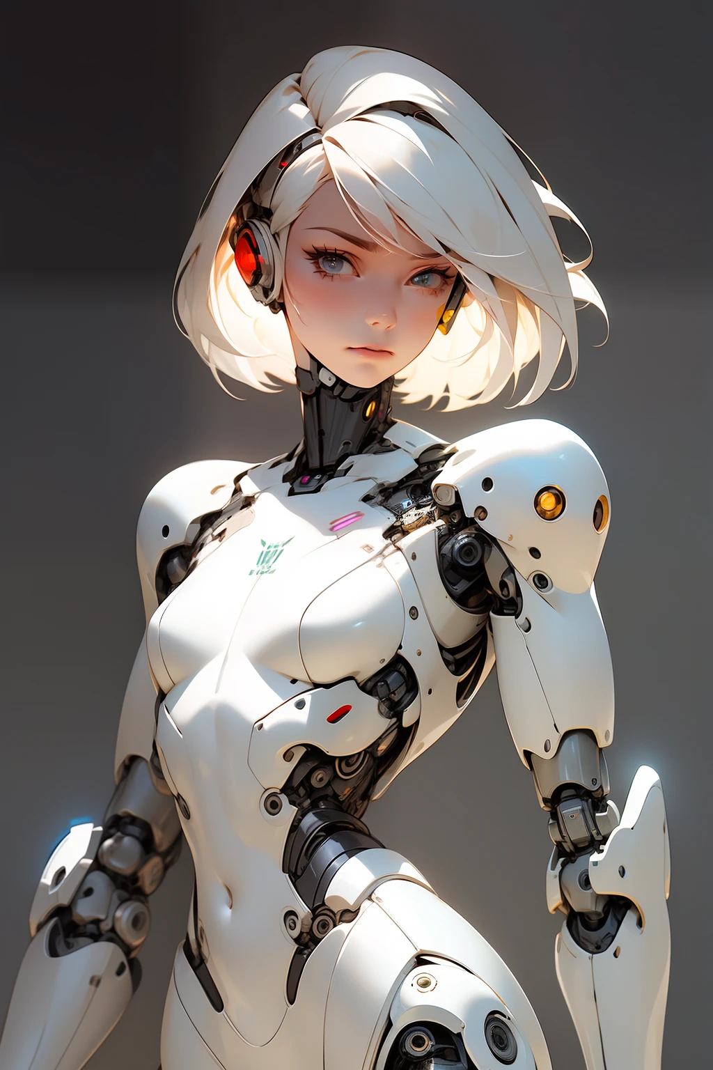 高品質, 4K, 傑作, 美しい, cyborg 女の子, カウボーイショット, 鈍い目, 視聴者を見る, 短い白い髪, 女の子, 小さい胸, 太ももが太い, ロボットアーム, ロボットボディ, サイボーグボディ, 精巧なディテール, ジョイント, 細かい線, ロボットの詳細, 祈りの手, 祈る, カラフルなロボット部品