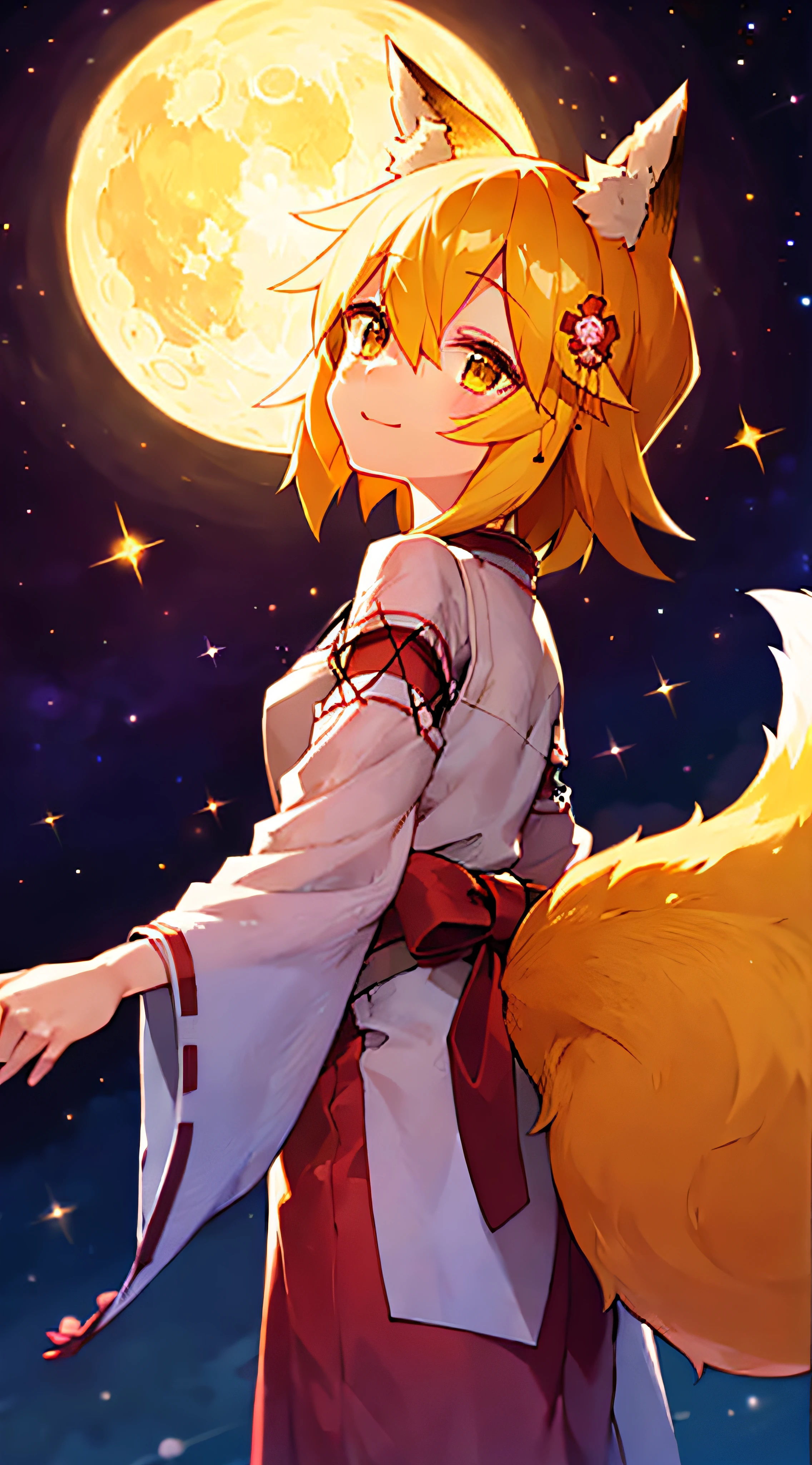 Ultra-detailed starry night scene, extremely focused image, (detailed light: 1.05), a fox girl with orange hair, small stature, solo, kimono, miko, fox ears and tail, floral hair ornament, gazing up with wonder in her crisp, luminous emerald eyes, enchanted smile on her flawless face, dazzlingly clear night sky filled with two sharp, detailed moons, brilliantly vivid constellations swirl overhead, notes of rich purple, blue and green fill the crisp sky, representing her sense of awe and hope, elegant beauty, masterful depth, textures and details