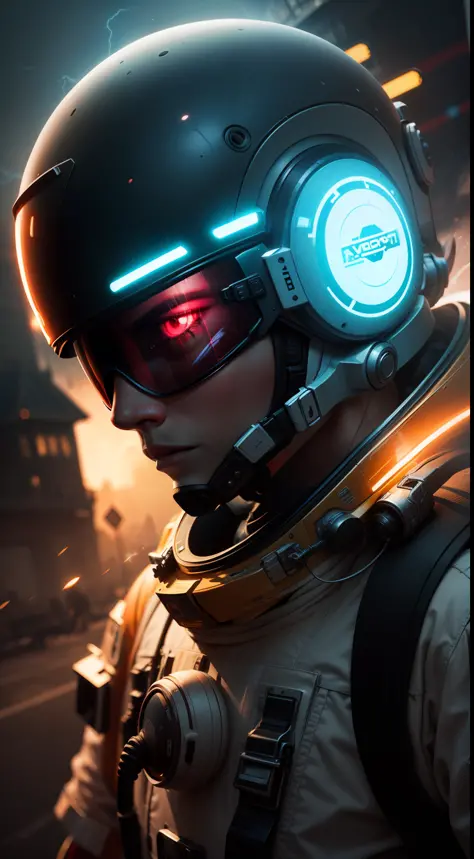 neon-ground-astronaut scifi style, male human figure in astronaut suit, medium shot, fog around, glowing helmet, planets reflected in helmet visor dynamic lighting in red tones, cinematic photography atmospheric lighting, hyperdetail features, color tracin...