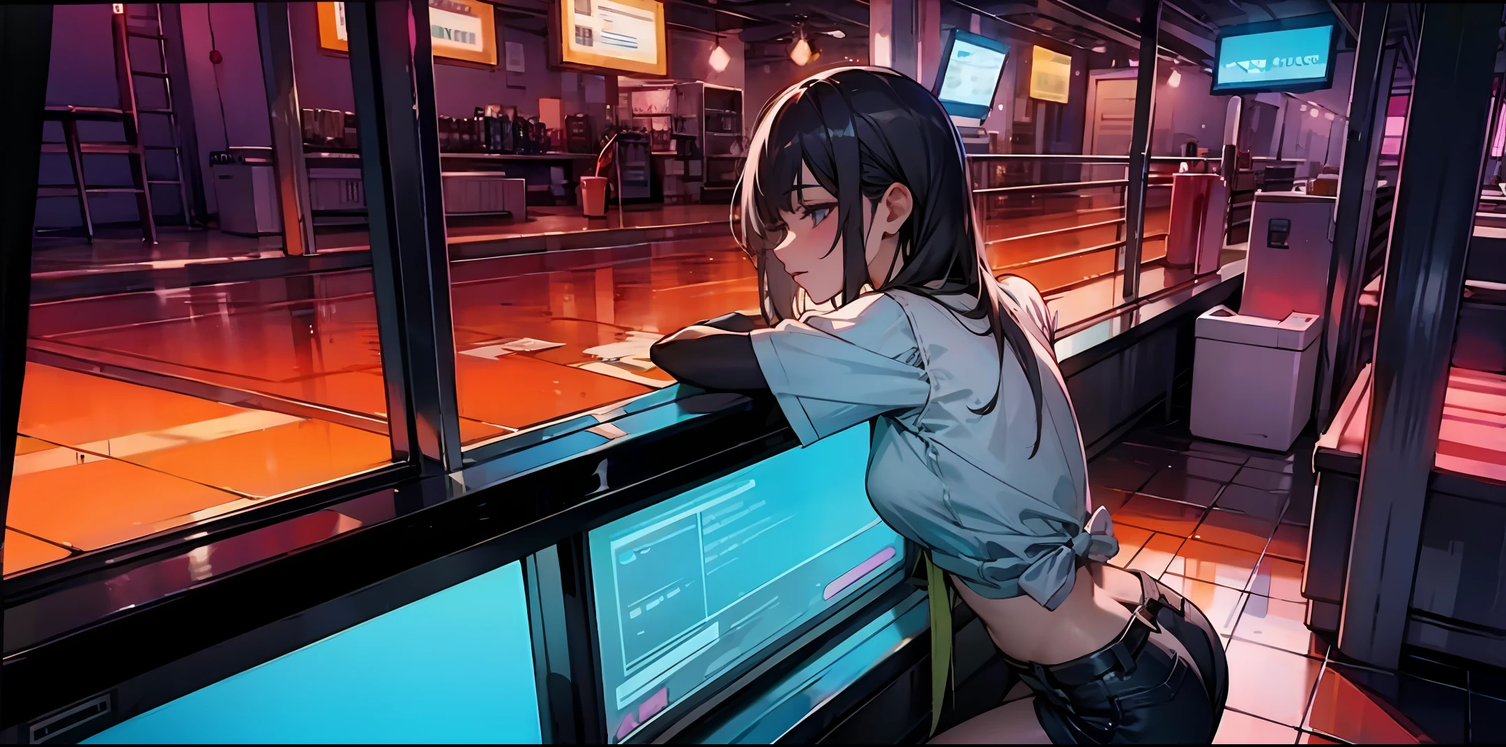 Chica anime apoyada en el alféizar de una ventana en una estación de metro.  - SeaArt AI