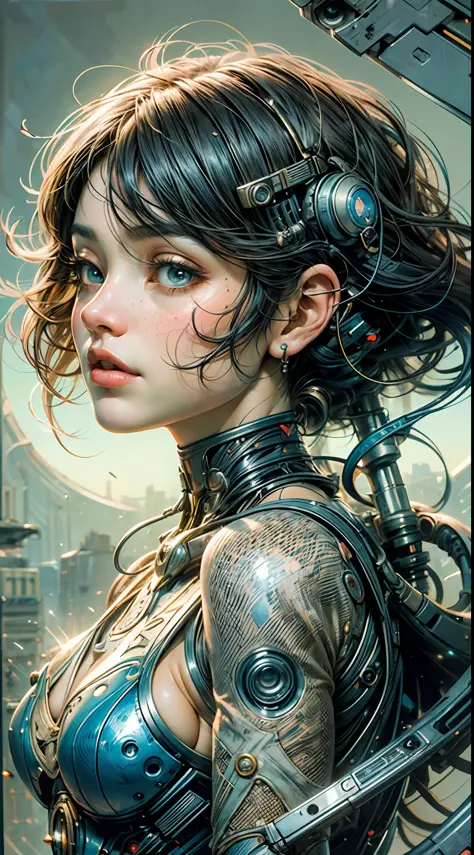 Pintura de una dj mujer cyborg con un cabello azul y una flor en el cabello con Cyber Arms de Costas, Artgerm y James Jean, Anna...
