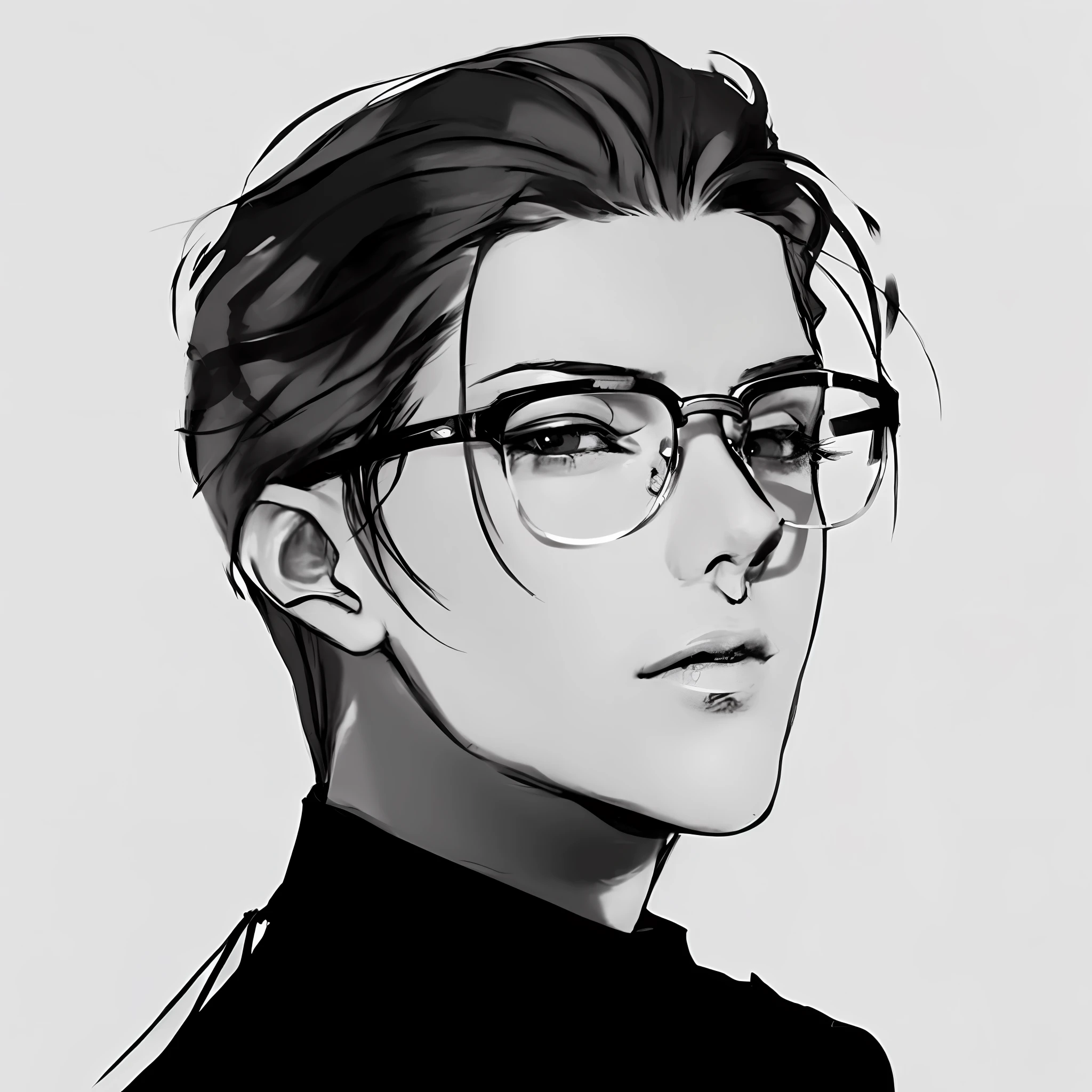 a drawing of a man with glasses and a black shirt, kentaro miura manga art style, delicate androgynous prince, seinen manga portrait, inspired by Iwao Takamoto, androgynous person, kentaro miura manga style, with glasses, androgynous face, beautiful androgynous prince, kentaro miura art