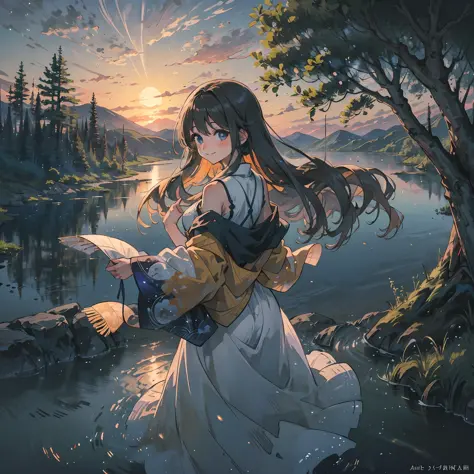 beautiful anime girl, Embarrassed smile and light blue eyes, wears a dress with folklore embroideries and patterns. The landscape behind her shoulders is colorful and rich, with a bright sun and celestial clouds, which easily transfers to a warm and affect...