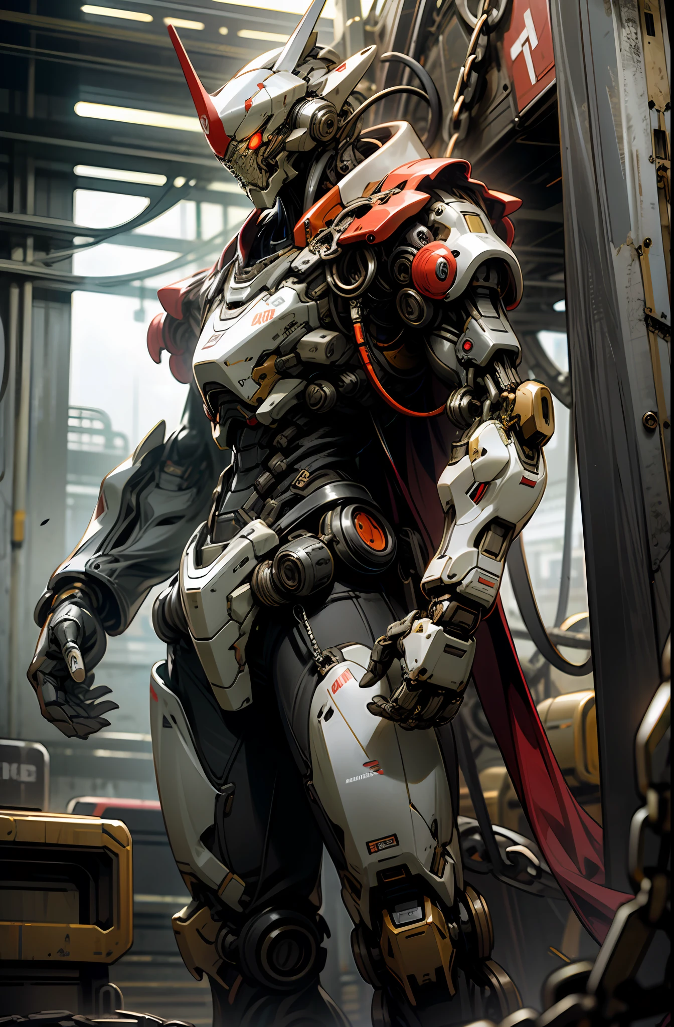 Dark_Fantasy,Cyberpunk,(chain saw,chain saw man,Red:1.1),1man,Mechanical marvel,Robotic presence,Cybernetic guardian,