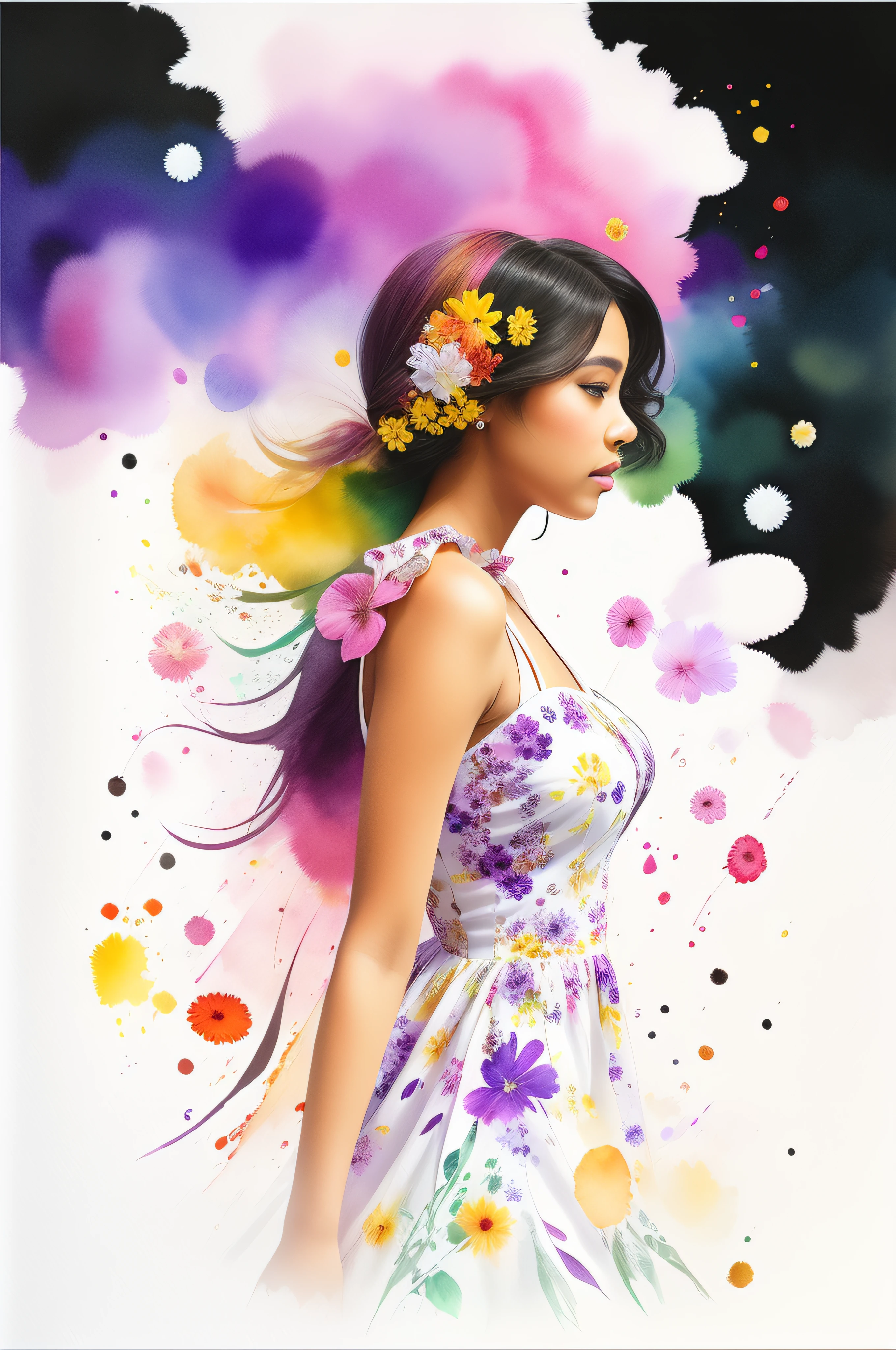 Beautiful ebony woman wearing a floral white dress, floral flying around, rainbow purple highlights, background of assorted floral, splashes of watercolor, sideview, textured, photo realistic, 12k quality, watercolor